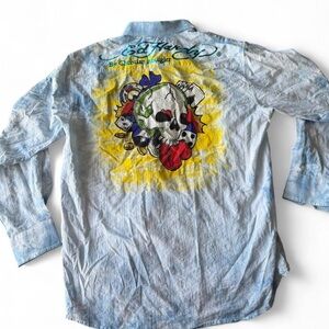 Vintage Y2K Ed Hardy Men's Light Blue Graphic Skull Button-Up Shirt